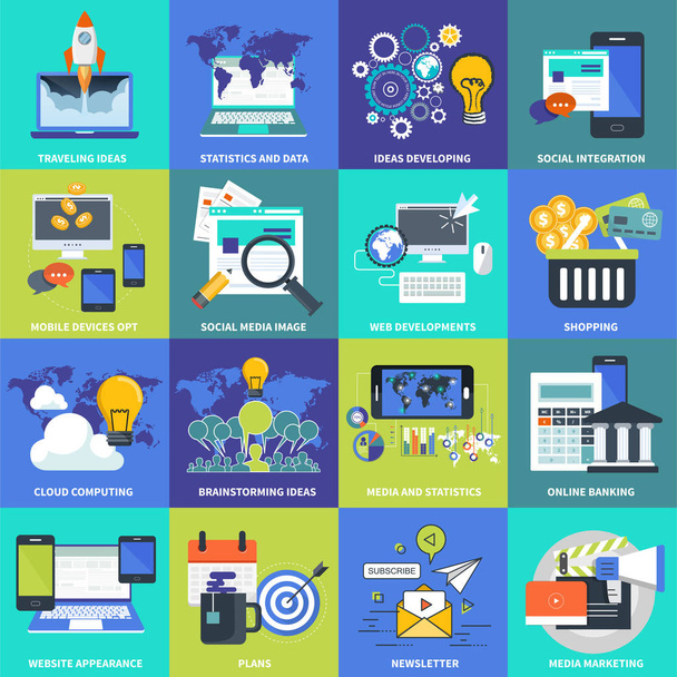Set of flat design icons for business, pay per click, creative process, searching, web analysis, time is money, on line shopping. Icons for website development and mobile phone services and apps. - Vector, Image
