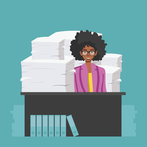 Businesswoman sitting around pile of office papers and documents. Documents and file Routine, bureaucracy, big data, paperwork, office. Vector illustration in flat style. - Vector, Image
