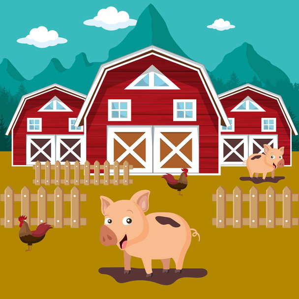 Animals in the farm scene. Nature and country concept. Flat vector illustration - Vector, Image