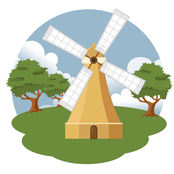 Windmill country farm scenery. Farm scene organic products label. Flat vector illustration - Вектор, зображення