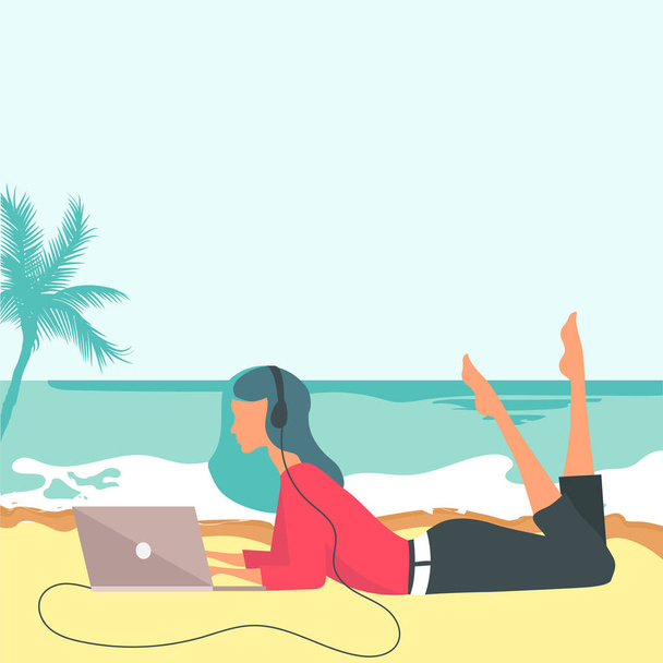 Donna seduta sulla spiaggia. Concetto per vacanze, vacanze e viaggi. Ora legale. Donna che usa il suo lap top e ascolta musica in spiaggia. Illustrazione vettoriale piatta - Vettoriali, immagini