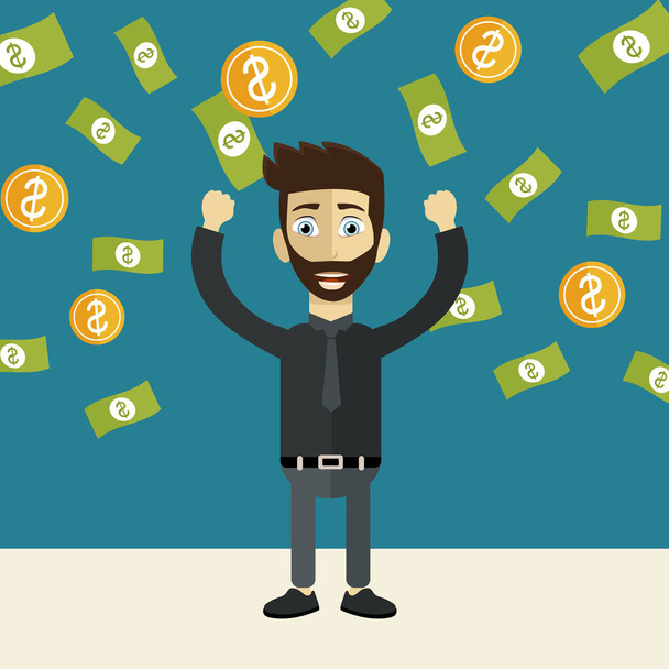 Young happy businessman with a lot of money. Business and financial success concept. Flat vector illustration - Vector, Image