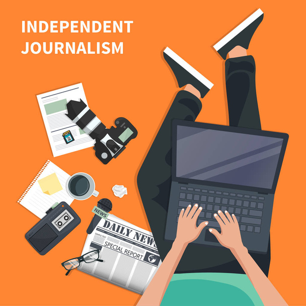 Independent journalism flat banner. Equipment for journalist. Man sitting on the floor and holding lap top in his lap. Flat vector illustration - Vector, Image