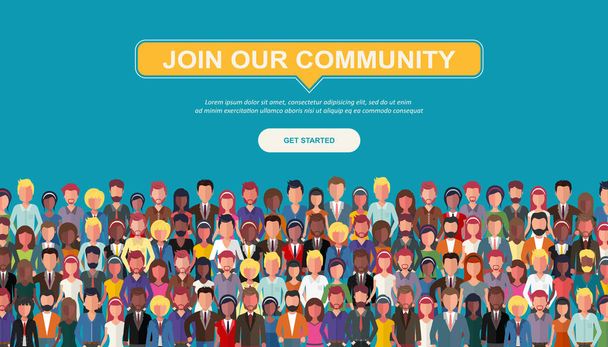 Topluluğumuza katıl. Birleşmiş insanlardan oluşan bir topluluk iş dünyası ya da yaratıcı bir topluluk bir arada duruyor. Düz konsept vektör web sitesi şablonu ve davet veya konferans için iniş sayfası tasarımı - Vektör, Görsel