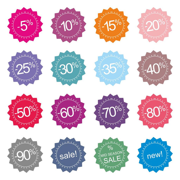 Retro stylized sale, new and mid season sale icons or tag stickers. Vector illustration isolated on white background - Vector, Image