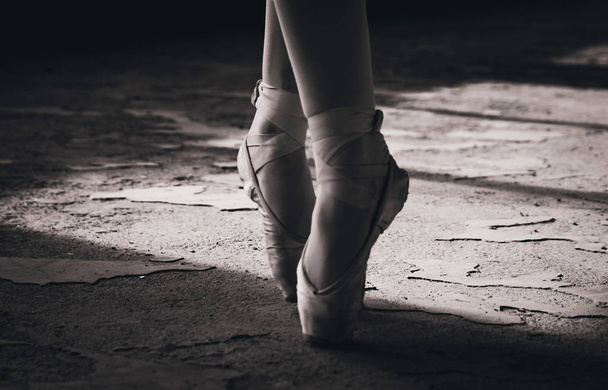 Close-up black and white photo of ballerina, pointe shoes. - Фото, зображення
