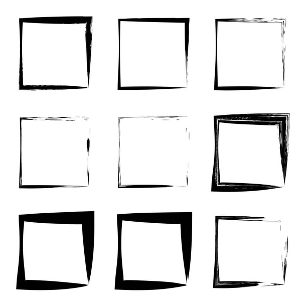 Gyűjteménye vagy csoportja, művészi fekete festékkel kézzel készült kreatív szutykos ecset ecsetvonás négyzet alakú test vagy határok elszigetelt fehér background. A grunge oktatás vázlat absztrakt kreatív festék tervezés - Fotó, kép