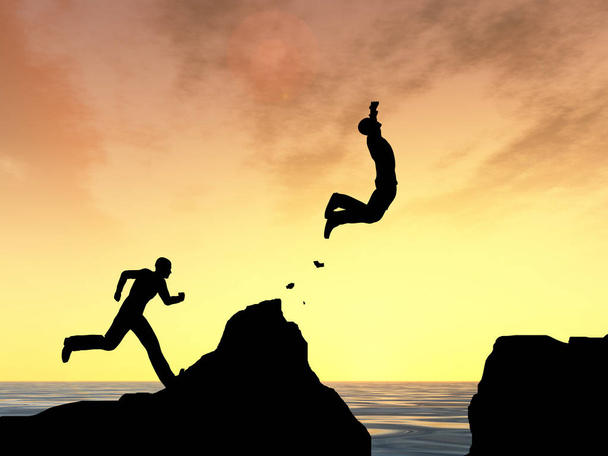 Концепція або концептуальна 3D ілюстрація молодий чоловік або бізнесмен силует стрибають щасливими зі скелі над водою розрив заходу сонця або сходу сонця неба фону
 - Фото, зображення