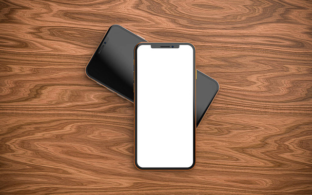 Smartphones mit leerem Bildschirm, isoliert auf Holzgrund. - Foto, Bild