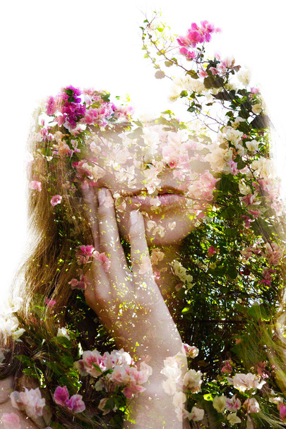 Double exposure of an elegant natural beauty with hand on face a - Φωτογραφία, εικόνα