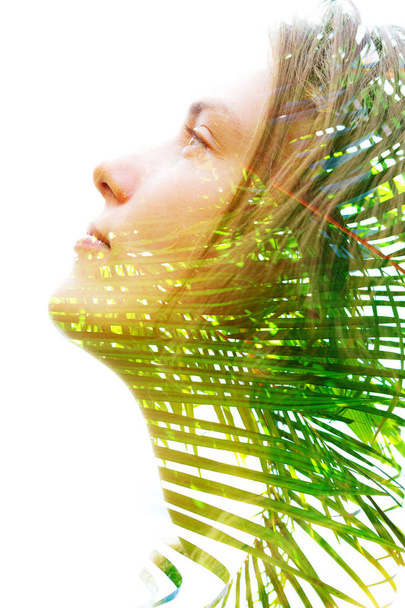 Double exposure profile of a happy natural beauty and bright shi - Foto, Bild