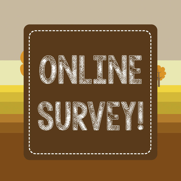 Text sign showing Online Survey. Conceptual photo type of assessment that is conducted via the Internet Dashed Stipple Line Blank Square Colored Cutout Frame Bright Background. - Fotoğraf, Görsel