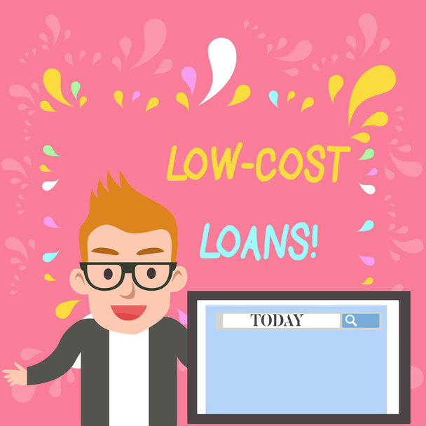 Word writing text Low Cost Loans. Business concept for loan that has an interest rate below twelve percent Male Speaker Monitor with Search Tool on Screen Presentation or Report. - Photo, Image
