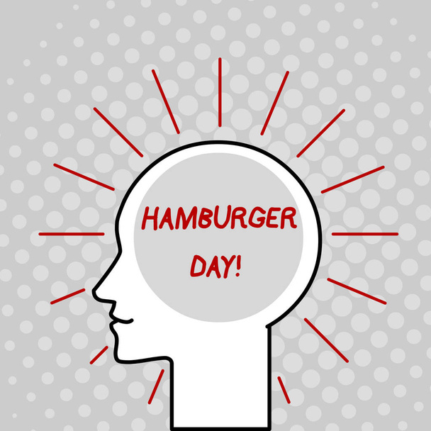 A hamburger napot bemutató levél. Üzleti fotó bemutató ünnepli a történelem a legellenállhatatlanabb szendvicsek vázlat sziluett emberi fej körül fénysugarak üres szöveghely. - Fotó, kép