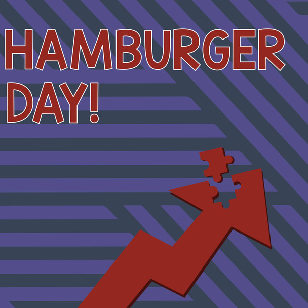 A hamburger napot bemutató levél. Üzleti fotó bemutatása ünnepli a történelem a legellenállhatatlanabb szendvicsek nyíl mutatva fel a leválasztott rész kirakós darab. - Fotó, kép