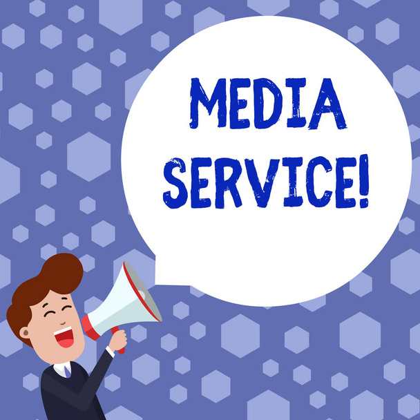 Text sign showing Media Service. Conceptual photo server programs that delivers streaming media over the Web Young Man Shouting into Megaphone Floating Round Shape Empty Speech Bubble. - Photo, Image
