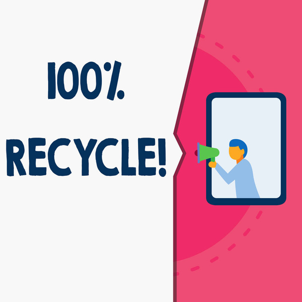Szóírás szöveg 100 százalékos újrahasznosítás. Üzleti koncepció tartalmaz 100% utáni fogyasztó visszanyert anyag Man áll az ablakban tartsa hangszóró beszél trombita nélkül hallgató. - Fotó, kép