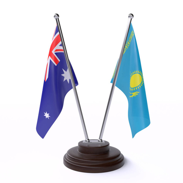 australia and kazakhstan, two table flags isolated on white background - Fotó, kép