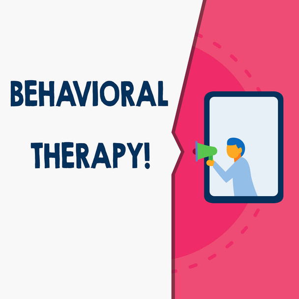 Sana kirjoittaa tekstiä Behavioral Therapy. Liiketoiminta konsepti auttaa muuttamaan mahdollisesti itsetuhoista käyttäytymistä Mies seisoo ikkunassa pidä kaiutin puhuminen trumpetti ilman kuuntelija
. - Valokuva, kuva