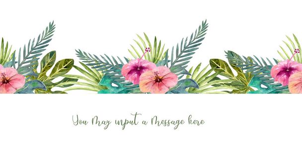 Tropical leaves . Repetition of summer horizontal border. Floral watercolor. Watercolor compositions for the design of greeting cards or invitations. Illustration - Photo, Image
