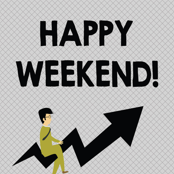 Fogalmi kézzel írt bemutató Happy Weekend. Üzleti fotó szöveget kívánó valakit, hogy egy boldog hétvégét, vagy üdülési üzletember eyeglasses lovaglás Crooked nyíl rámutatva. - Fotó, kép