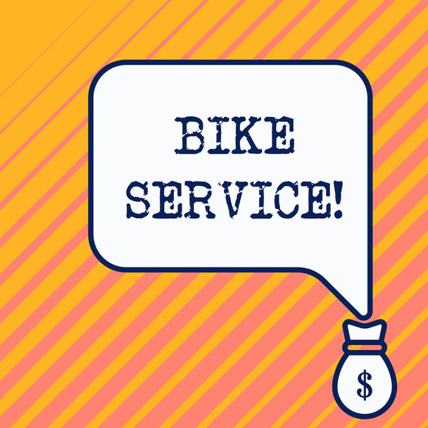 Szövegírás Bike Service. Üzleti koncepció a kerékpár tisztítására és javítására mechanizmus, hogy a legjobb állapotban tartsa táska zsebében ezer dollár pénz nagy beszélő buborék a tetején. - Fotó, kép