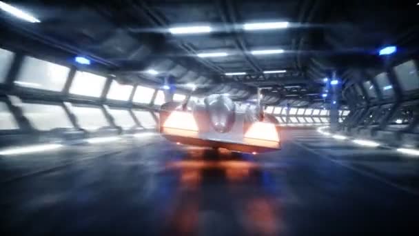 未来の空飛ぶ車を高速な sci fi トンネル、ヘラヘラのドライビングします。未来のコンセプトです。リアル 4 k アニメーション. - 映像、動画