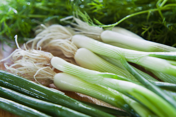 Green spring onions with chives -  scallions. Healthy fresh vege - 写真・画像