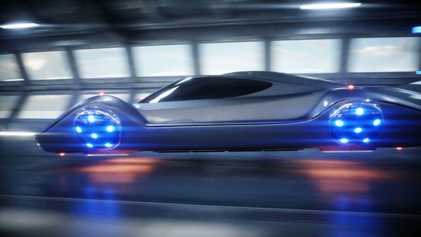 未来の空飛ぶ車を高速な sci fi トンネル、ヘラヘラのドライビングします。未来のコンセプトです。リアル 4 k アニメーション. - 映像、動画