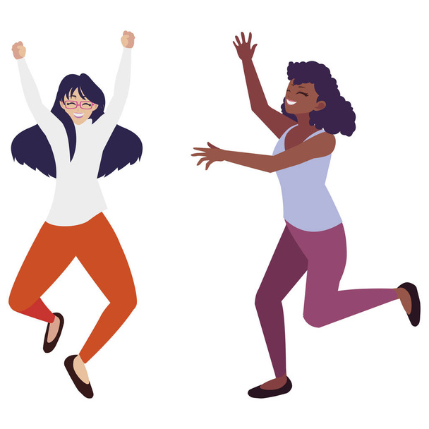 feliz joven interracial mujeres celebrando
 - Vector, Imagen