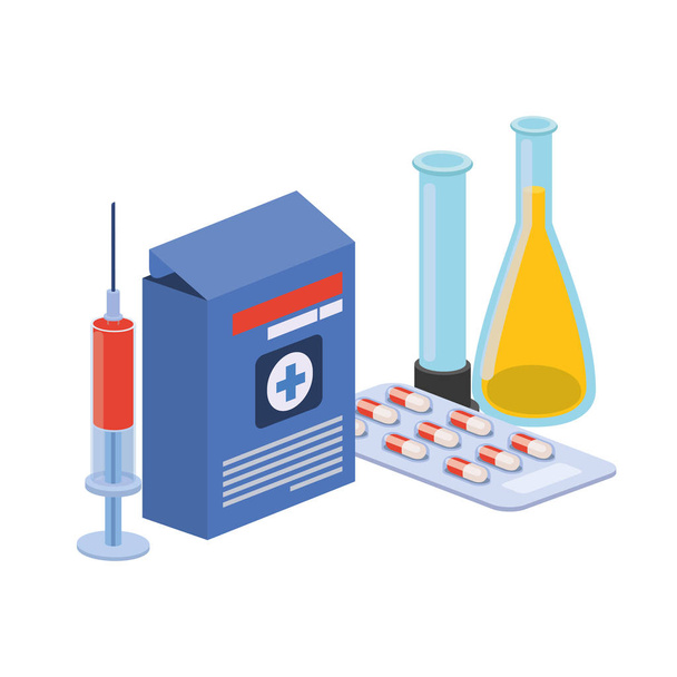 instrumentos de laboratorio con medicamentos en fondo blanco
 - Vector, Imagen