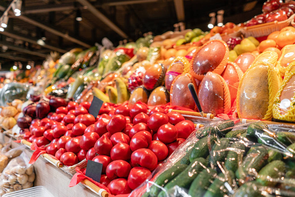 big choice of fresh Fruit and vegetable market. Various colorful fresh fruits and vegetables. Fresh and organic vegetables at farmers market - Photo, Image