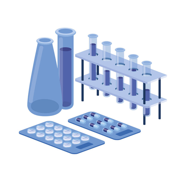 laboratoriuminstrumenten met geneesmiddelen in witte achtergrond - Vector, afbeelding
