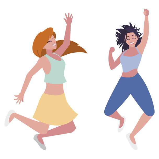 щасливі молоді жінки святкують персонажів
 - Вектор, зображення