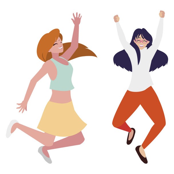 mujeres jóvenes felices celebrando personajes
 - Vector, Imagen