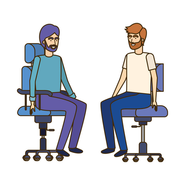 Männer mit im Bürostuhl sitzenden Avatarfiguren - Vektor, Bild