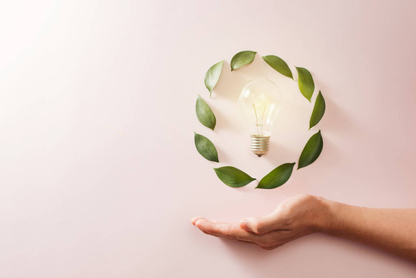 green world in the heart hand with light bulb - pink background - Photo, Image