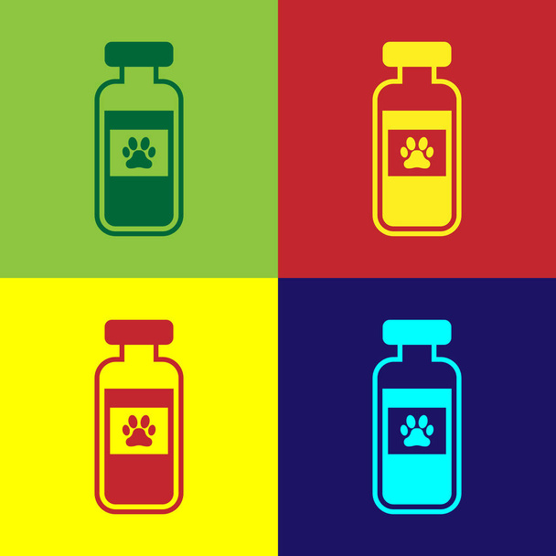 Barevná domácí vačka lahvičky se zdravotním symbolem izolovaná na barevném pozadí. Léky na předpis pro zvířata. Vektorová ilustrace - Vektor, obrázek