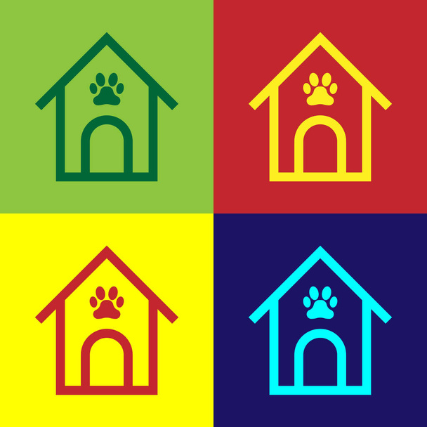 Кольоровий будинок собаки і лапа друкують піктограму домашньої тварини ізольовані на кольоровому фоні. Собачий розплідник. Векторна ілюстрація
 - Вектор, зображення