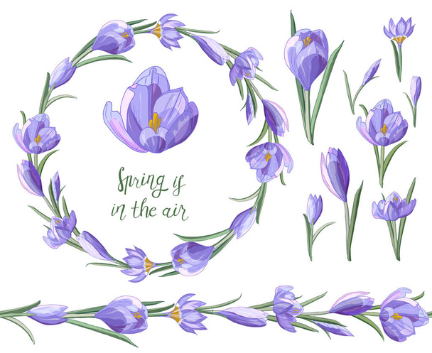 Voorraad vector Floral set van bloem borstel van blauwe Krokussen en mooie krans. Geïsoleerde en hand getekende illustratie. Floral design, bloem achtergrond. Feestelijke hand getekende patroon, lente bloemen. Collectie bloemen voor bloemistiek.  - Vector, afbeelding