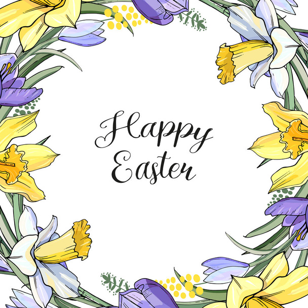 Stock vektor virágos tavaszi Húsvéti üdvözlőlap. Gyönyörű virág váz, fehér és sárga Nárciszok és kék krókuszok gyógynövényekkel. Elszigetelt és kézzel rajzolt illusztráció. Virágos design, húsvéti hátteret. Ünnepi nyomat. - Vektor, kép