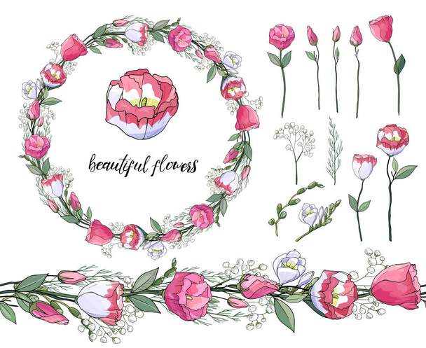 Beyaz ve pembe eustomas ve güzel çelenk dikişsiz çiçek fırça Stok vektör çiçek seti. İzole edilmiş ve elle çizilmiş illüstrasyon. Tebrik kartları için çiçek tasarımı, çiçek fon. Şenlikli el çizilmiş desen, düğün, doğum günü. Çiçekçilik. - Vektör, Görsel
