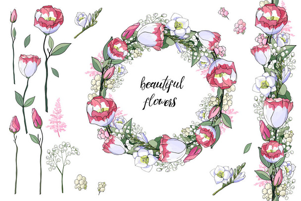 Απόθεμα floral σετ της χωρίς ραφές λουλούδι βούρτσα από λευκό και ροζ ευστόμα και όμορφο στεφάνι. Απομονωμένη και χειροποίητη εικόνα. Floral σχέδιο για ευχετήρια κάρτες, λουλούδι φόντο. Εορταστική σχέδιο ζωγραφισμένα στο χέρι, γάμος, γενέθλια.  - Διάνυσμα, εικόνα