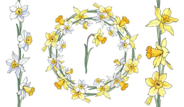 Stock vector floral set of seamless flower brushes from white and yellow narcissuss and beautiful wreath.  Isolated and hand drawn illustration. Floral design, flower backdrop. Festive hand drawn pattern, spring flower. Daffodils. - Vector, Image