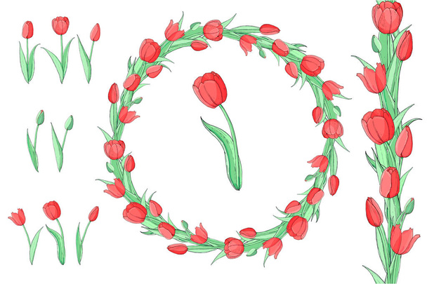 Voorraad vector Floral set naadloze bloem borstel van rode tulpen en mooie krans. Geïsoleerde en hand getekende illustratie. Floral design, bloem achtergrond. Feestelijke hand getekende patroon, lente. - Vector, afbeelding