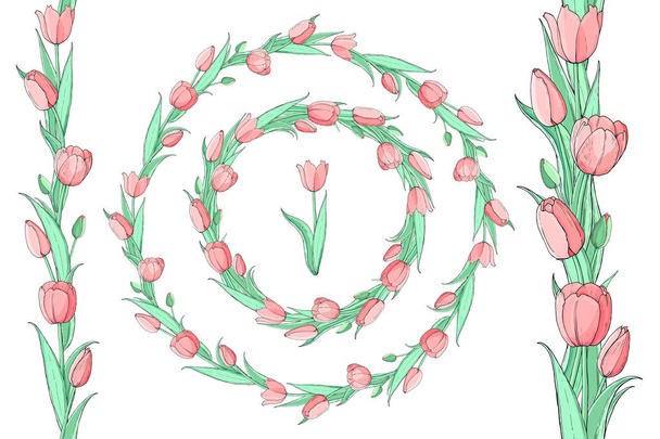 ピンクのチューリップと美しい花輪からシームレスな花ブラシのストックベクター花のセット。●孤立した手描きのイラスト。花のデザイン、花の背景。お祝いの手描きパターン、春. - ベクター画像