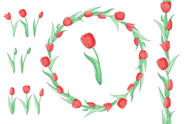 Stock vector floral set of seamless flower brush from red tulips and beautiful wreath.  Isolated and hand drawn illustration. Floral design, flower backdrop. Festive hand drawn pattern, spring. - Vektori, kuva