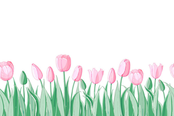 Stock wektor wzór kwiatowy z wiosennych kwiatów. Pole różowe tulipany. Izolowane i ręcznie rysowane ilustracji. Kwiatowy wzór, Wielkanoc tło. Urodziny, ślub, Walentynkowa dekoracja. Świąteczna karta. - Wektor, obraz