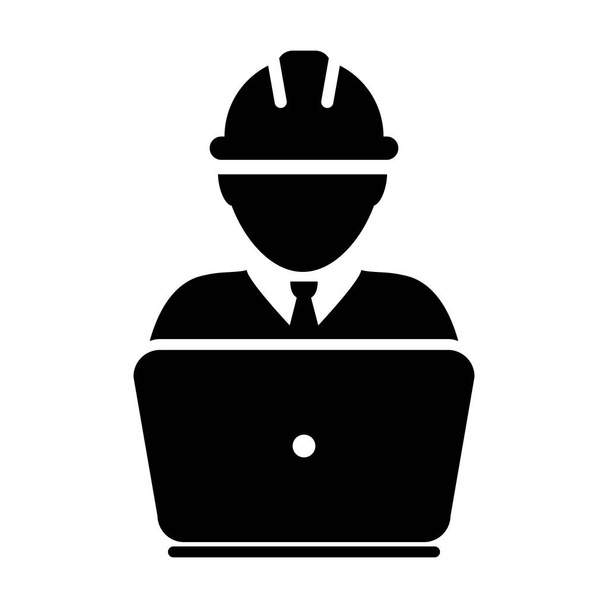 Employee icon vector male construction worker person profile avatar with laptop and hardhat helmet in glyph pictogram illustration - Vector, Image