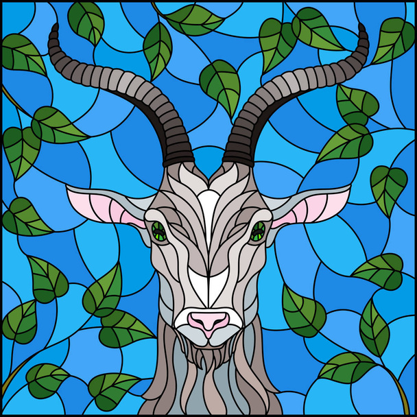 Illustration en vitrail avec tête de chèvre, sur fond de branches d'arbres et le ciel, une image rectangulaire
 - Vecteur, image